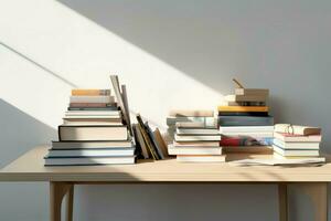 un libro pila cerca arriba en un estudiar escritorio. frente ver pila libro. para festival de mundo libro día, nacional libro día o nacional educación día. apilar de vistoso libros en estudiar mesa por ai generado foto