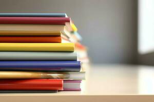 A book pile close up on a study desk. Front view pile book. For festival of world book day, national book day or national education day. Stack of colorful books on study table by AI Generated photo