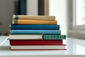 A book pile close up on a study desk. Front view pile book. For festival of world book day, national book day or national education day. Stack of colorful books on study table by AI Generated photo