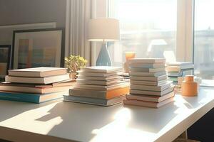 A book pile close up on a study desk. Front view pile book. For festival of world book day, national book day or national education day. Stack of colorful books on study table by AI Generated photo