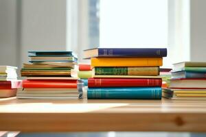 A book pile close up on a study desk. Front view pile book. For festival of world book day, national book day or national education day. Stack of colorful books on study table by AI Generated photo