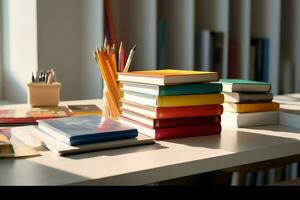 un libro pila cerca arriba en un estudiar escritorio. frente ver pila libro. para festival de mundo libro día, nacional libro día o nacional educación día. apilar de vistoso libros en estudiar mesa por ai generado foto