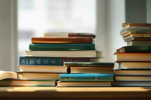 un libro pila cerca arriba en un estudiar escritorio. frente ver pila libro. para festival de mundo libro día, nacional libro día o nacional educación día. apilar de vistoso libros en estudiar mesa por ai generado foto