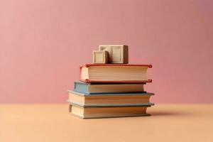 un libro pila cerca arriba en un mesa. frente ver pila libro. para festival de mundo libro día, nacional libro día o nacional educación día. apilar de vistoso libros en blanco antecedentes por ai generado foto