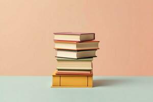 A book pile close up on a table. Front view pile book. For festival of world book day, national book day or national education day. Stack of colorful books on white background by AI Generated photo
