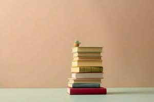 un libro pila cerca arriba en un mesa. frente ver pila libro. para festival de mundo libro día, nacional libro día o nacional educación día. apilar de vistoso libros en blanco antecedentes por ai generado foto