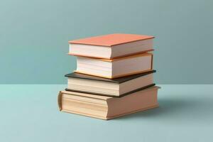 A book pile close up on a table. Front view pile book. For festival of world book day, national book day or national education day. Stack of colorful books on white background by AI Generated photo