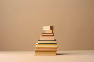 un libro pila cerca arriba en un mesa. frente ver pila libro. para festival de mundo libro día, nacional libro día o nacional educación día. apilar de vistoso libros en blanco antecedentes por ai generado foto