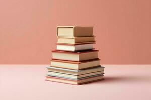 A book pile close up on a table. Front view pile book. For festival of world book day, national book day or national education day. Stack of colorful books on white background by AI Generated photo