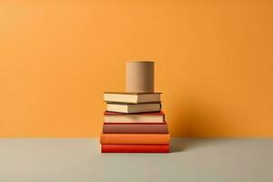 A book pile close up on a table. Front view pile book. For festival of world book day, national book day or national education day. Stack of colorful books on white background by AI Generated photo