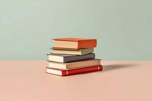 A book pile close up on a table. Front view pile book. For festival of world book day, national book day or national education day. Stack of colorful books on white background by AI Generated photo