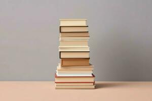 A book pile close up on a table. Front view pile book. For festival of world book day, national book day or national education day. Stack of colorful books on white background by AI Generated photo