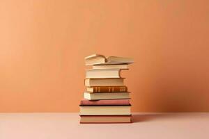 A book pile close up on a table. Front view pile book. For festival of world book day, national book day or national education day. Stack of colorful books on white background by AI Generated photo