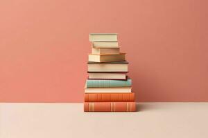 A book pile close up on a table. Front view pile book. For festival of world book day, national book day or national education day. Stack of colorful books on white background by AI Generated photo