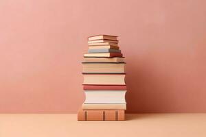 un libro pila cerca arriba en un mesa. frente ver pila libro. para festival de mundo libro día, nacional libro día o nacional educación día. apilar de vistoso libros en blanco antecedentes por ai generado foto