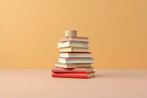 A book pile close up on a table. Front view pile book. For festival of world book day, national book day or national education day. Stack of colorful books on white background by AI Generated photo