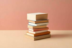 A book pile close up on a table. Front view pile book. For festival of world book day, national book day or national education day. Stack of colorful books on white background by AI Generated photo