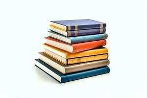 A book pile close up on a table. Front view pile book. For festival of world book day, national book day or national education day. Stack of colorful books on white background by AI Generated photo