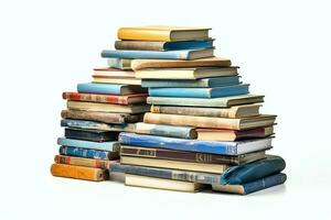 A book pile close up on a table. Front view pile book. For festival of world book day, national book day or national education day. Stack of colorful books on white background by AI Generated photo