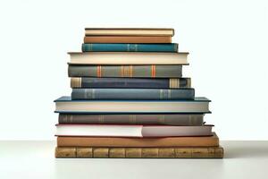 A book pile close up on a table. Front view pile book. For festival of world book day, national book day or national education day. Stack of colorful books on white background by AI Generated photo