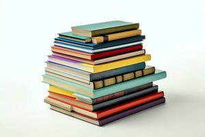 A book pile close up on a table. Front view pile book. For festival of world book day, national book day or national education day. Stack of colorful books on white background by AI Generated photo