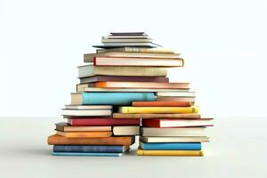 A book pile close up on a table. Front view pile book. For festival of world book day, national book day or national education day. Stack of colorful books on white background by AI Generated photo