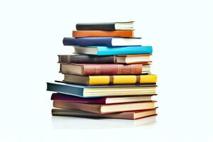 A book pile close up on a table. Front view pile book. For festival of world book day, national book day or national education day. Stack of colorful books on white background by AI Generated photo