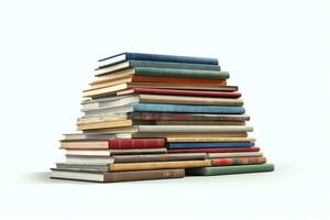 A book pile close up on a table. Front view pile book. For festival of world book day, national book day or national education day. Stack of colorful books on white background by AI Generated photo