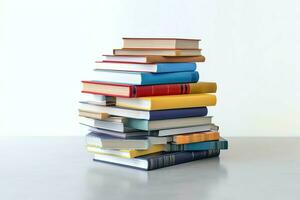 A book pile close up on a table. Front view pile book. For festival of world book day, national book day or national education day. Stack of colorful books on white background by AI Generated photo