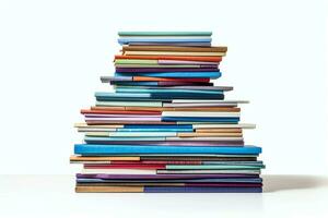 A book pile close up on a table. Front view pile book. For festival of world book day, national book day or national education day. Stack of colorful books on white background by AI Generated photo