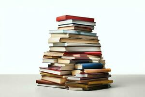 A book pile close up on a table. Front view pile book. For festival of world book day, national book day or national education day. Stack of colorful books on white background by AI Generated photo