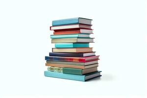 A book pile close up on a table. Front view pile book. For festival of world book day, national book day or national education day. Stack of colorful books on white background by AI Generated photo