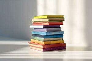 A book pile close up on a table. Front view pile book. For festival of world book day, national book day or national education day. Stack of colorful books on white background by AI Generated photo
