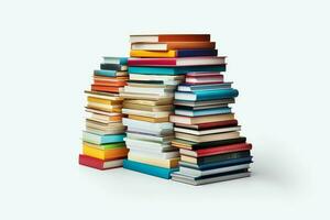 A book pile close up on a table. Front view pile book. For festival of world book day, national book day or national education day. Stack of colorful books on white background by AI Generated photo