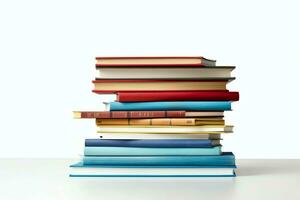 A book pile close up on a table. Front view pile book. For festival of world book day, national book day or national education day. Stack of colorful books on white background by AI Generated photo