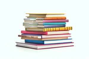 A book pile close up on a table. Front view pile book. For festival of world book day, national book day or national education day. Stack of colorful books on white background by AI Generated photo