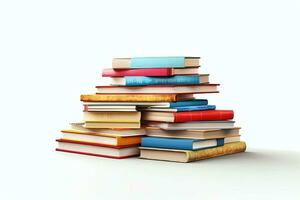 A book pile close up on a table. Front view pile book. For festival of world book day, national book day or national education day. Stack of colorful books on white background by AI Generated photo