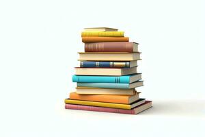 A book pile close up on a table. Front view pile book. For festival of world book day, national book day or national education day. Stack of colorful books on white background by AI Generated photo