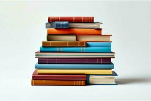 A book pile close up on a table. Front view pile book. For festival of world book day, national book day or national education day. Stack of colorful books on white background by AI Generated photo