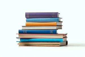 A book pile close up on a table. Front view pile book. For festival of world book day, national book day or national education day. Stack of colorful books on white background by AI Generated photo