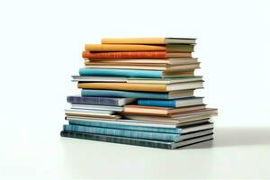 A book pile close up on a table. Front view pile book. For festival of world book day, national book day or national education day. Stack of colorful books on white background by AI Generated photo