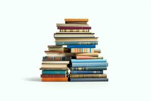 A book pile close up on a table. Front view pile book. For festival of world book day, national book day or national education day. Stack of colorful books on white background by AI Generated photo