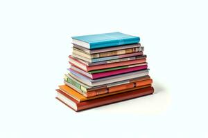 A book pile close up on a table. Front view pile book. For festival of world book day, national book day or national education day. Stack of colorful books on white background by AI Generated photo