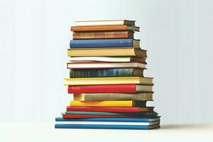 A book pile close up on a table. Front view pile book. For festival of world book day, national book day or national education day. Stack of colorful books on white background by AI Generated photo