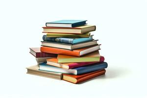 A book pile close up on a table. Front view pile book. For festival of world book day, national book day or national education day. Stack of colorful books on white background by AI Generated photo