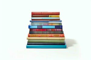 A book pile close up on a table. Front view pile book. For festival of world book day, national book day or national education day. Stack of colorful books on white background by AI Generated photo