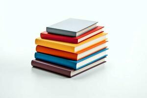 A book pile close up on a table. Front view pile book. For festival of world book day, national book day or national education day. Stack of colorful books on white background by AI Generated photo