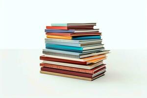 A book pile close up on a table. Front view pile book. For festival of world book day, national book day or national education day. Stack of colorful books on white background by AI Generated photo