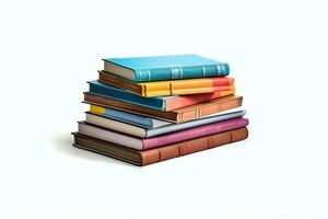 A book pile close up on a table. Front view pile book. For festival of world book day, national book day or national education day. Stack of colorful books on white background by AI Generated photo