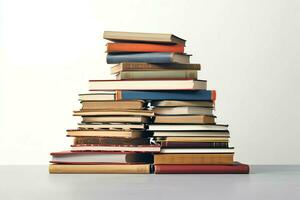 A book pile close up on a table. Front view pile book. For festival of world book day, national book day or national education day. Stack of colorful books on white background by AI Generated photo